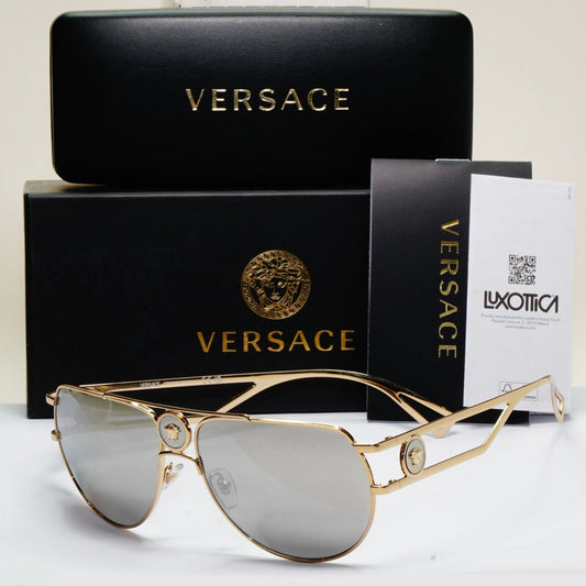 Versace Sunglasses Gold Silver Mirror Pilot Navigator MOD VE2225 1252/6G 60mm