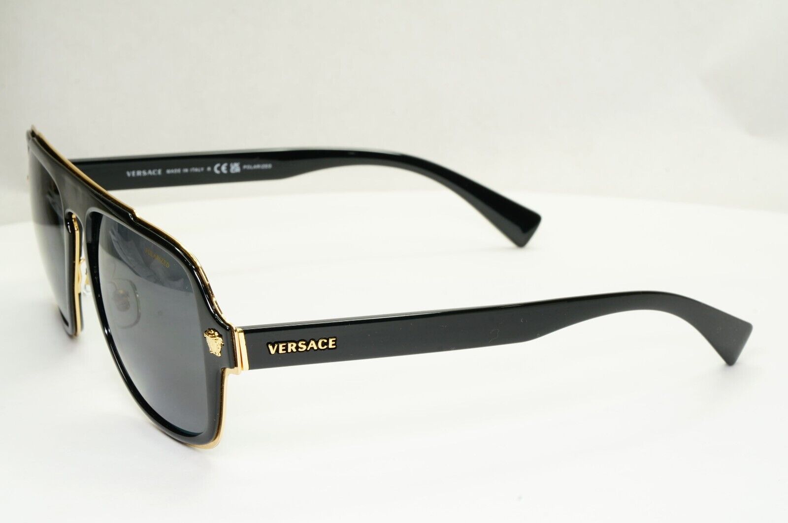 Versace Sunglasses Polarized Black Gold Square Navigator MOD VE 2199 1002/81