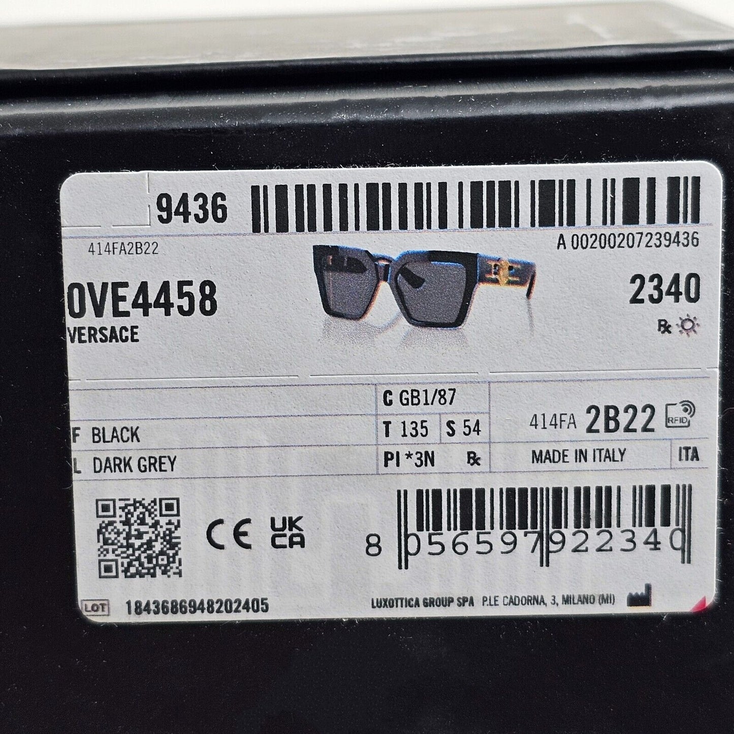 Versace Sunglasses Black Square Butterfly Grey Gold Medusa MOD VE 4458 GB1/87