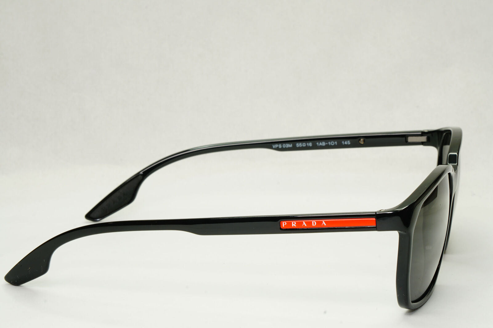 Prada Sunglasses Black Glossy Square Red Stripe PS03MV VPS 03M 1AB-1O1 55mm