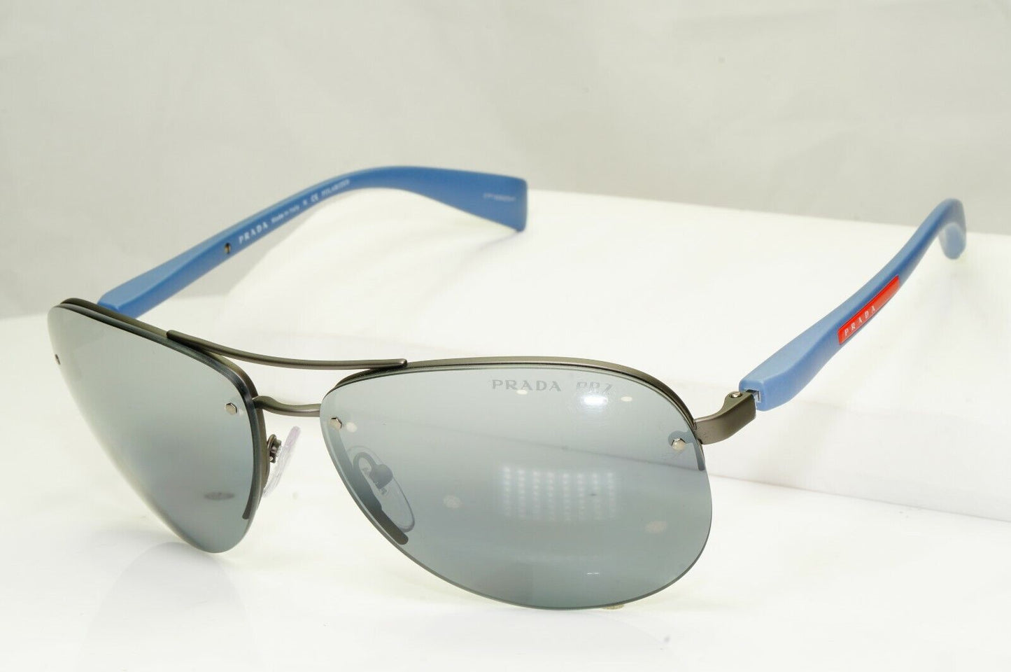 Prada Polarized Blue Sunglasses Silver Mirror Pilot 62mm Mens SPS 56M DG1-2F2